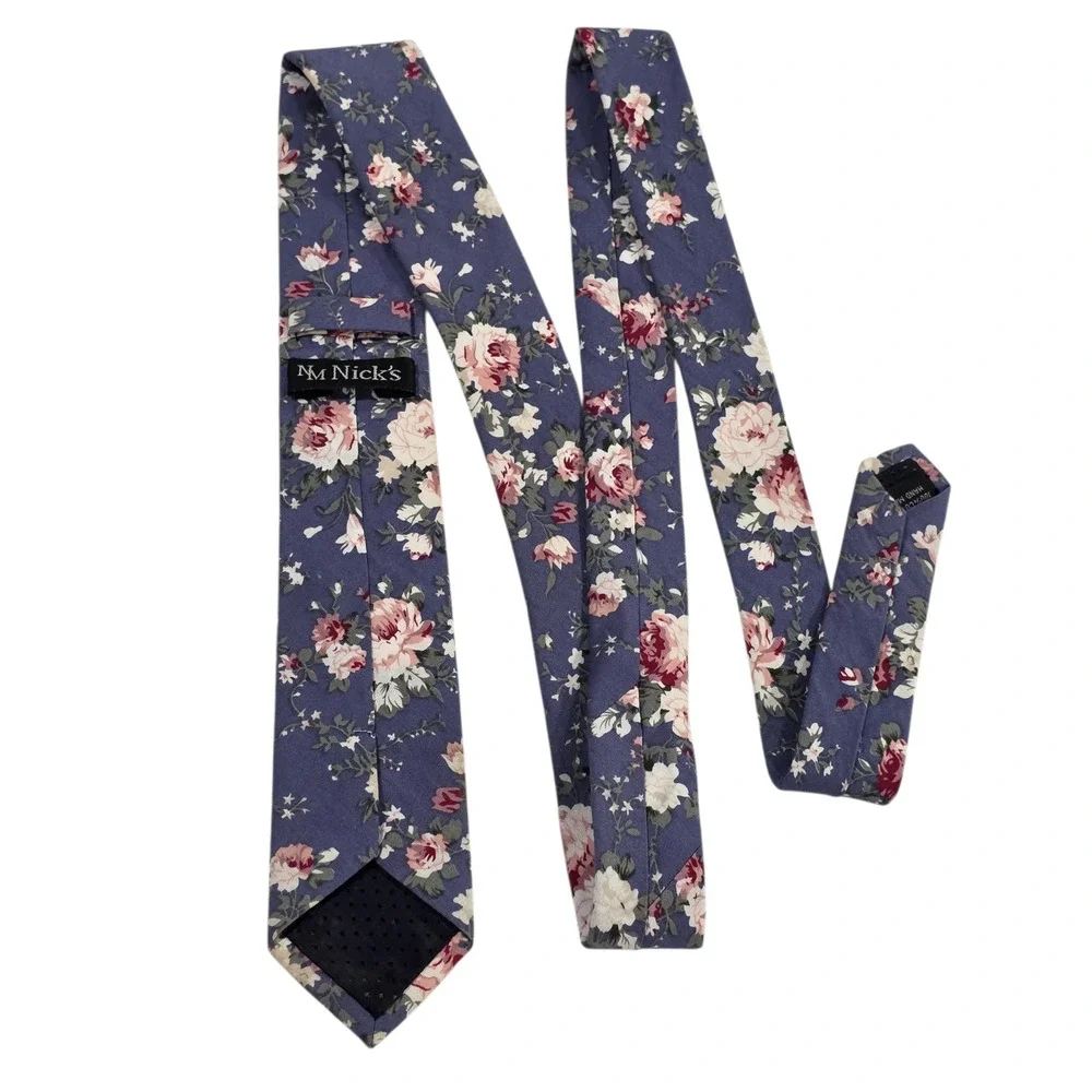 NM Nicks Mens‎ Necktie Blue Cotton Skinny Floral Pattern Handmade Novelty Casual